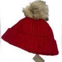 J.Crew  NWT Wool Blend Ribbed Beanie Winter Hat, Faux Fur Pom Pom, Red Photo 3