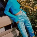  blue satin high waisted flare printed pants Zara retro pants XL Photo 2