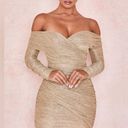 House Of CB NWT  Felicity Gold Ruched Mesh Off Shoulder Dress Photo 1