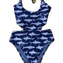 Aerie  Women's One Piece Swimsuit L Blue Shark Print High Leg Cut Photo 0