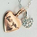 DOUBLE Heart necklace chain embossed "Love You" Gold and Silver Tone w/ CZ Photo 7