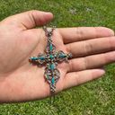 Vintage Y2K Victorian Roma Faux Turquoise Petite Point Cross Necklace Photo 1