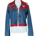 Vintage 90s Denim Jacket with Red Bandana Pattern Panels. 100% Cotton. Medium. Blue Photo 4