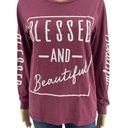 On Fire  (L) Burgundy Red Blessed and Beautiful Long Sleeve Tee Shirt Photo 0