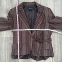 BCBGMAXAZRIA  Wool Blend Blazer Tie Front Brown Striped Silk Trim Ruffle Small Photo 10