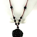Onyx black  flower beaded pendant necklace on cord Photo 2