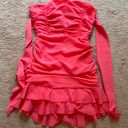 Lucy in the Sky Crepe Ruched Bodycon Dress in Red Coral Photo 2