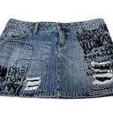 Volcom  Women's Blue Mini Denim Skirt Size 7 Distressed and Writing Pattern Photo 0