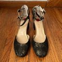 Unisa  NWOT Black and Metallic Gold Textured Lace Block Heel Ankle Strap Shoes Photo 1