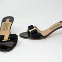 Salvatore Ferragamo  Black Patent Leather Gold Logo Buckle Open Toe Heel Sandals  Photo 0