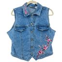 Bill Blass  (L) VINTAGE Y2K Blue Denim Pink Floral Embroidered Vest Jean Jacket Photo 0