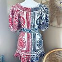 Farm Rio NWT  Mixed Pineapple Garden Linen Blend Red & Blue Tie Waist Mini Dress Photo 3