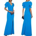 Badgley Mischka  Odessa Split Front Crepe Gown V-Neck Puff Sleeves Blue Size 0 Photo 15