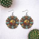 Sunflower shaped pendant drop‎ leopard pattern wooden hook earrings Photo 3