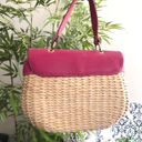 Pink and cream woven straw wicker floral hand bag purse satchel Measurement in pictures Photo 1