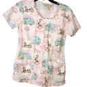 Edge Scooby Doo Floral Love Peace Ruffle Lettuce  Scrub Top White Pink XS Photo 0