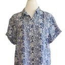 Nicole Miller  Top Blue White Coral Print Linen Short Sleeve Button Down Small Photo 0