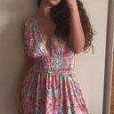 J'Adore Halter Deep V Mini Dress in Blue/Pink Watercolor Floral Size L Photo 0