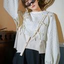 Only Sweatshirt sweater crop floral cream beige bow tie lace up lantern sleeve slit Photo 0