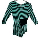 ECI  Green Black Striped 3/4 Sleeve Ruched Asymmetrical Pullover Stretch Top Sz M Photo 0