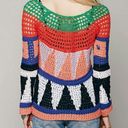 Free People  Modern Art Geo Crochet Open Knit Flared Bell Sleeves Sweater Top Photo 2