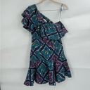 Natori Josie  Festive Blue Paisley Retro Floral One Shoulder Women 4 Ruffle Dress Photo 1