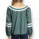 Luna  Moon Crochet Boho Peasant Printed Long Sleeve Blouse Teal Blue Size XL Photo 3