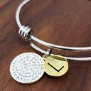 Unwritten  Pave & Initial Disc Bangle Bracelet Stainless Steel & Silver Plated Photo 2