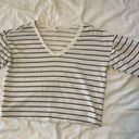 BP . Black & White Striped V-Neck Cotton Sweatshirt, 3/4 Blouson Sleeves Size S Photo 7