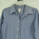 Chico's  1 Size M No Iron Button Front Tunic Top Blue Stripe Bedazzled Collar Photo 1