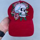 Ed Hardy Y2K Floral Skull Embroidered Red Corduroy Hat Photo 2