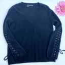 360 Cashmere  Numi Cashmere Lace Up Sleeves Jumper V Neck Sweater: Black Photo 6