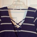 Chaser  blue and gray striped vneck top with ruffle on bottom hem Photo 2