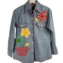 Daisy Vintage Size 10 70s  Appliqué Chambray Shirt Embroidered 3D Flowers Button Photo 1