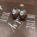 Daisy Vintage 1970s Black White  Red Floral Cabochon Stainless Steel Earrings Photo 7