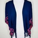 belle du jour  Kimono Cardigan XS Navy Blue Embroidered Dolman Open Front Fringe Photo 0