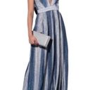 Luxxel  Plunging Halter V-Neck Striped Sparkly Maxi Dress in Silver/Blue Photo 10