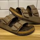 Birkenstock Sandals Womens 37 Arizona Slides Slip On Flats Olive Leather Casual Photo 0