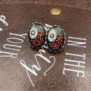 Daisy Vintage 1970s Black White  Red Floral Cabochon Stainless Steel Earrings Photo 8