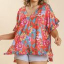 Umgee  Tangerine & Pink Floral Ruffle-Trim V-Neck Top Photo 0