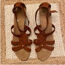 Ralph Lauren  Brown Cognac Suede Leather T-Strap Lydia Wedge Sandals Size 10 Photo 4