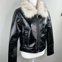 Unreal Fur Wet Look Aviator Biker Jacket Faux Leather & Fur Black Size Large NWT Photo 6