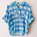 Cathy Daniels  Women's Blue Multi Plaid Crinkle Short Sleeve Shirt Top Size XXL Photo 0