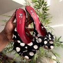 Liz Claiborne 2000s  100% Genuine Leather “Vero Cuoio” Italian made Black white polka dot 4” heels bow detail open peep toe wooden frame red sole. Photo 1