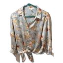 Cloud Chaser  women's silver button up knot front floral top size large L Photo 0