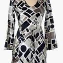 POLECI🍒SZ 4🍒100% SILK BLACK AND WHITE PRINTED WRAP DRESS TASSELED WAIST TIE🍒 Photo 4