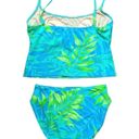 Vtg Y2K Tankini Swim Set Sz 12 Neon Abstract Palm Print High Rise Blue Photo 1