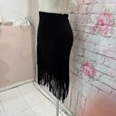 AQUA  Women's Faux Suede Long Fringed Asymmetrical Wrap Style Black Skirt Size S Photo 3