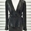 BCBGMAXAZRIA  Top Womens Small Black Velour Ribbed V-Neck Long Sleeve Peplum Photo 2