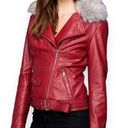 LA Coalition  Faux Leather Jacket Faux Fur Size Medium Red Hooded Photo 0